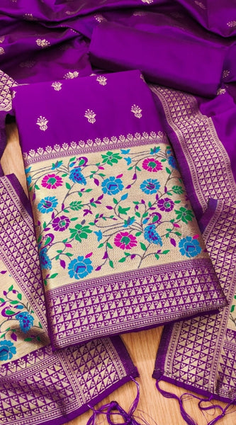 Mayawye Women's Banarasi Silk Printed Unstitched Salwar Suit Material With Dupatta (Purple, 3Mtrs)