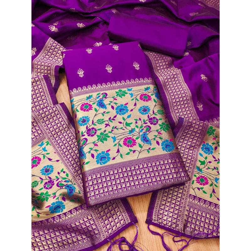 Mayawye Women's Banarasi Silk Printed Unstitched Salwar Suit Material With Dupatta (Purple, 3Mtrs)