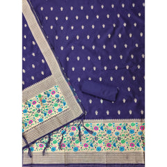 Mayawye Women's Banarasi Silk Printed Unstitched Salwar Suit Material With Dupatta (Navy Blue, 3Mtrs)