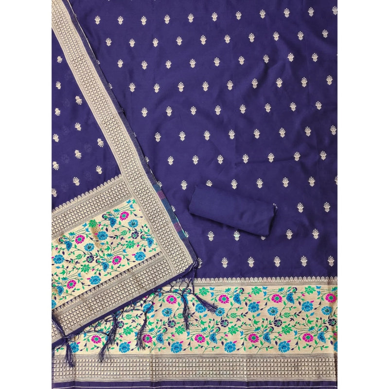 Mayawye Women's Banarasi Silk Printed Unstitched Salwar Suit Material With Dupatta (Navy Blue, 3Mtrs)