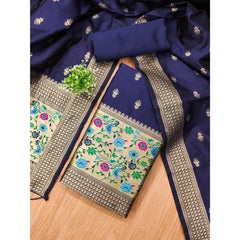 Mayawye Women's Banarasi Silk Printed Unstitched Salwar Suit Material With Dupatta (Navy Blue, 3Mtrs)