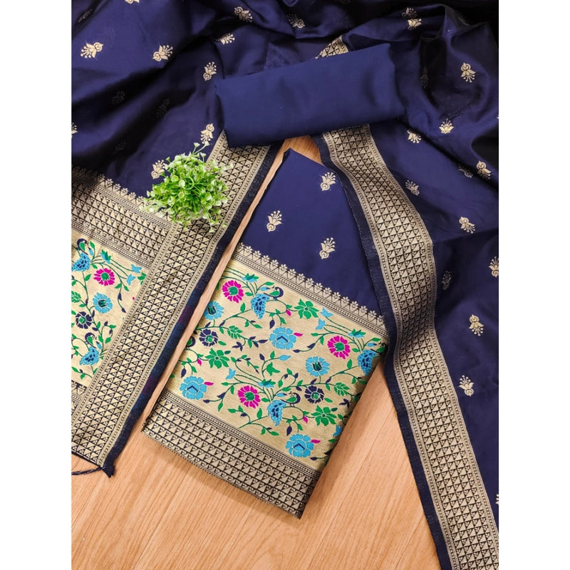 Mayawye Women's Banarasi Silk Printed Unstitched Salwar Suit Material With Dupatta (Navy Blue, 3Mtrs)