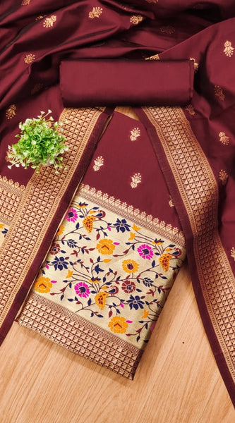 Mayawye Women's Banarasi Silk Printed Unstitched Salwar Suit Material With Dupatta (Maroon, 3Mtrs)
