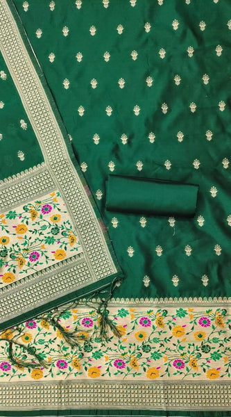 Mayawye Women's Banarasi Silk Printed Unstitched Salwar Suit Material With Dupatta (Bottle Green, 3Mtrs)