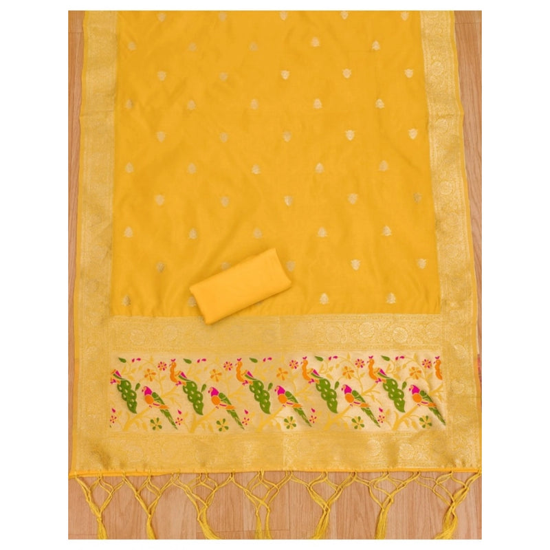 Mayawye Women's Banarasi Silk Printed Unstitched Salwar Suit Material With Dupatta (Yellow, 3Mtrs)