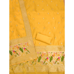 Mayawye Women's Banarasi Silk Printed Unstitched Salwar Suit Material With Dupatta (Yellow, 3Mtrs)