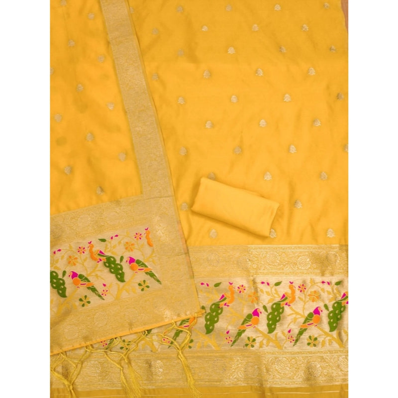 Mayawye Women's Banarasi Silk Printed Unstitched Salwar Suit Material With Dupatta (Yellow, 3Mtrs)