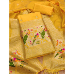 Mayawye Women's Banarasi Silk Printed Unstitched Salwar Suit Material With Dupatta (Yellow, 3Mtrs)
