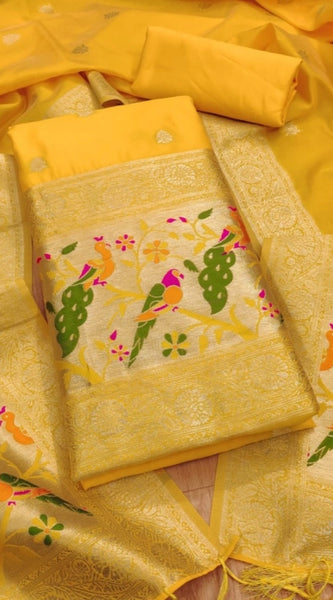 Mayawye Women's Banarasi Silk Printed Unstitched Salwar Suit Material With Dupatta (Yellow, 3Mtrs)