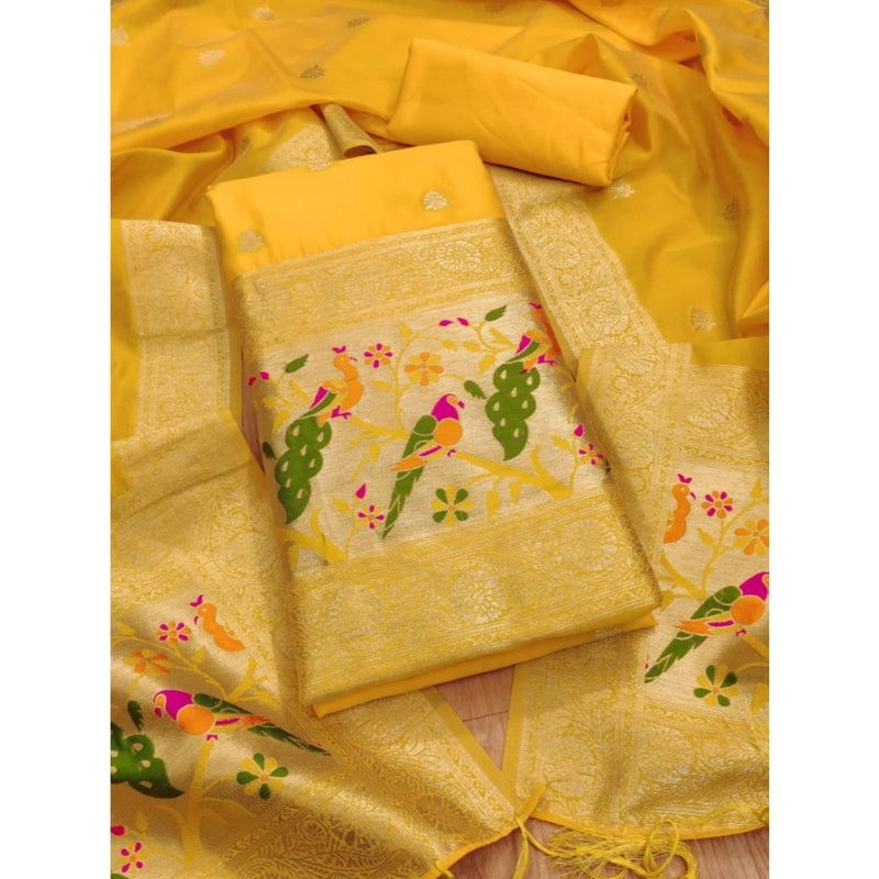 Mayawye Women's Banarasi Silk Printed Unstitched Salwar Suit Material With Dupatta (Yellow, 3Mtrs)