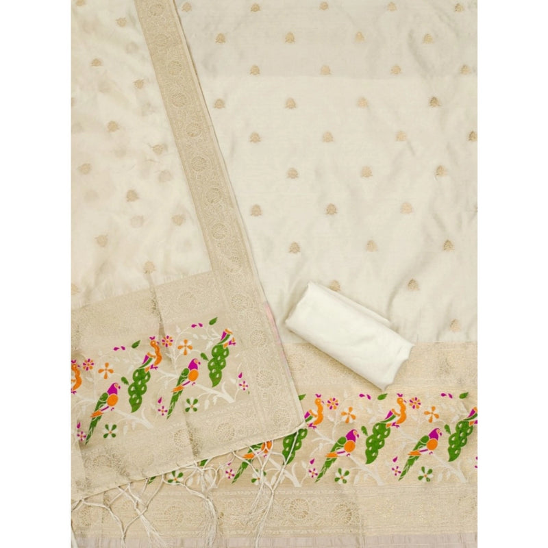 Mayawye Women's Banarasi Silk Printed Unstitched Salwar Suit Material With Dupatta (White, 3Mtrs)