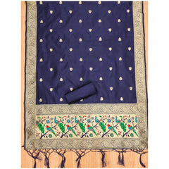 Mayawye Women's Banarasi Silk Printed Unstitched Salwar Suit Material With Dupatta (Navy Blue, 3Mtrs)