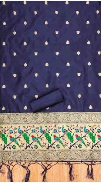 Mayawye Women's Banarasi Silk Printed Unstitched Salwar Suit Material With Dupatta (Navy Blue, 3Mtrs)