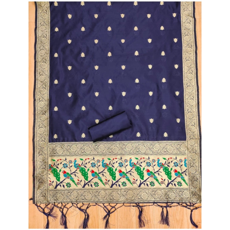 Mayawye Women's Banarasi Silk Printed Unstitched Salwar Suit Material With Dupatta (Navy Blue, 3Mtrs)