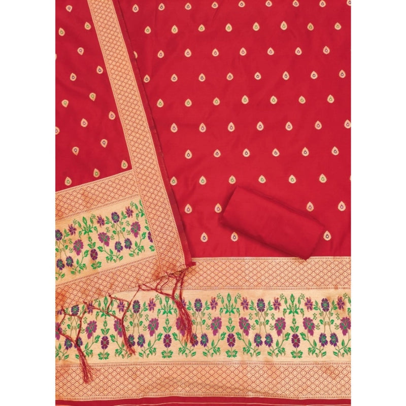 Mayawye Women's Banarasi Silk Printed Unstitched Salwar Suit Material With Dupatta (Red, 3Mtrs)