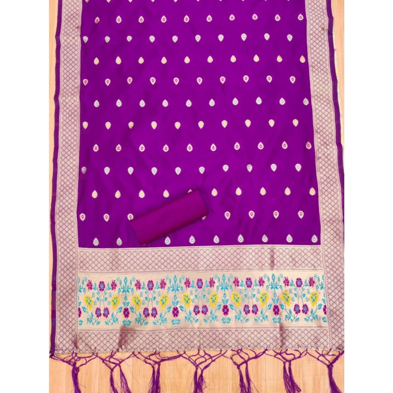 Mayawye Women's Banarasi Silk Printed Unstitched Salwar Suit Material With Dupatta (Purple, 3Mtrs)