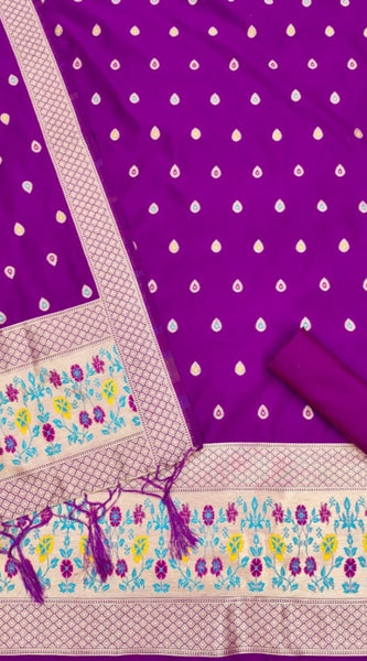 Mayawye Women's Banarasi Silk Printed Unstitched Salwar Suit Material With Dupatta (Purple, 3Mtrs)