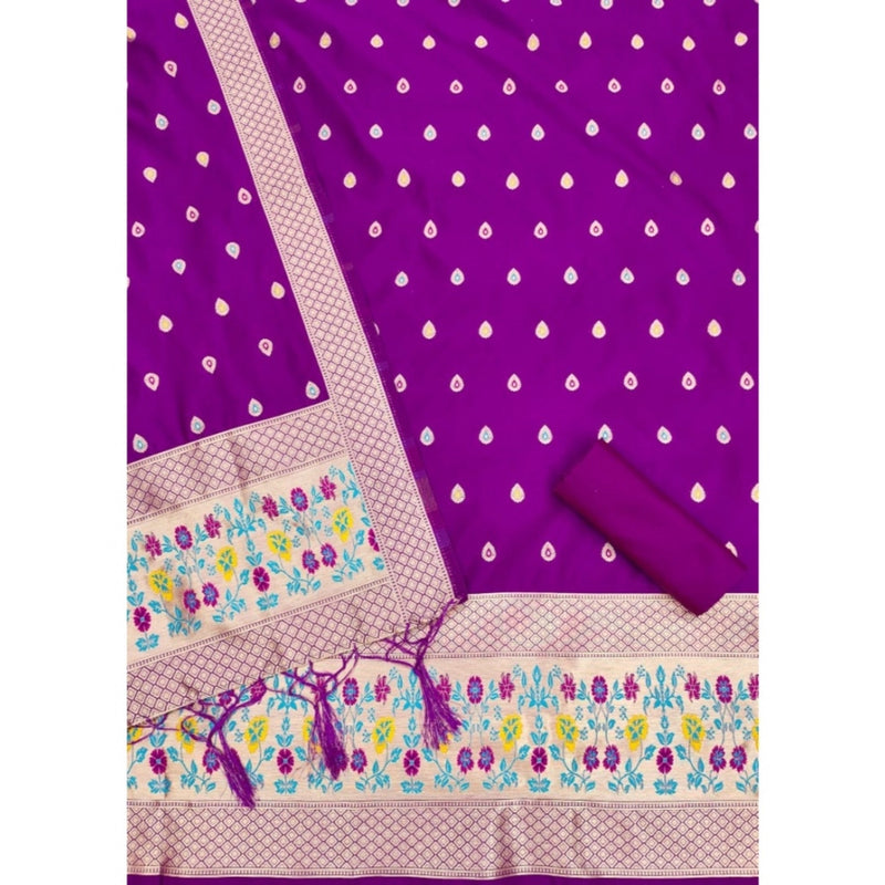 Mayawye Women's Banarasi Silk Printed Unstitched Salwar Suit Material With Dupatta (Purple, 3Mtrs)
