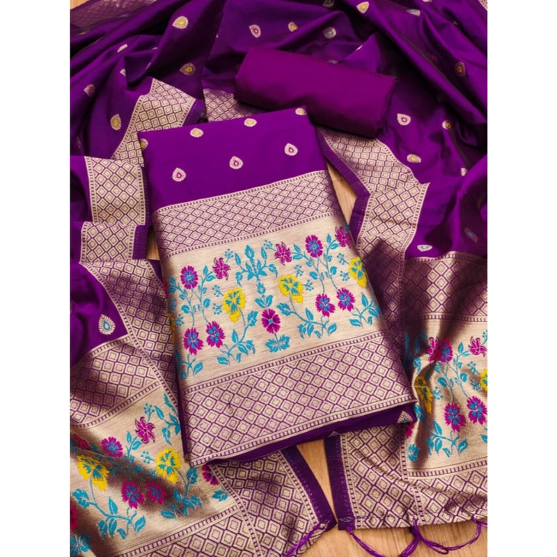 Mayawye Women's Banarasi Silk Printed Unstitched Salwar Suit Material With Dupatta (Purple, 3Mtrs)