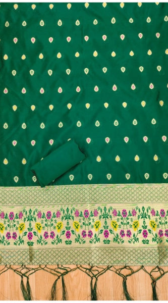 Mayawye Women's Banarasi Silk Printed Unstitched Salwar Suit Material With Dupatta (Bottle Green, 3Mtrs)