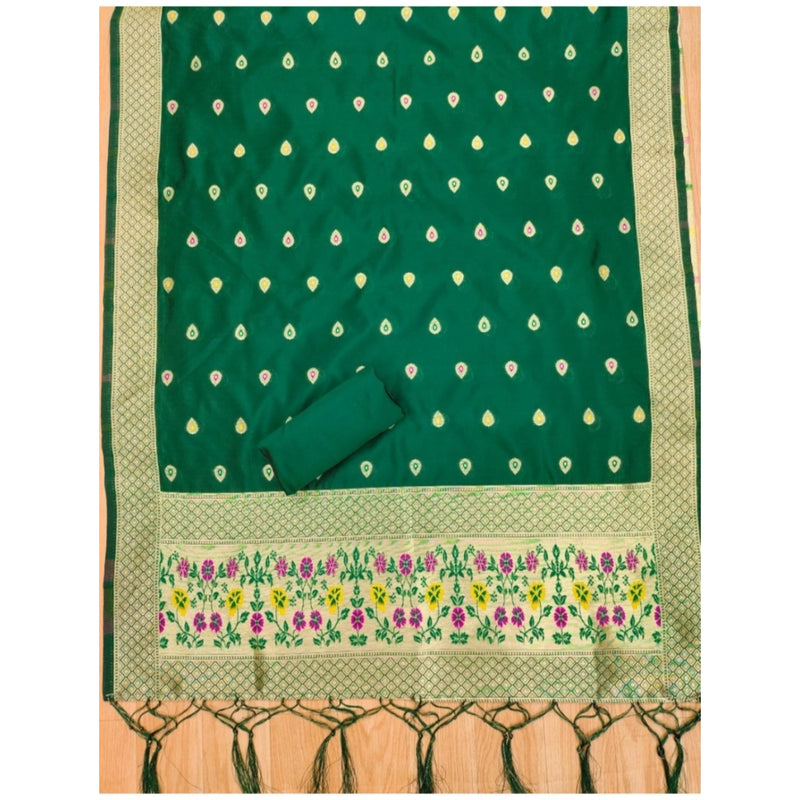 Mayawye Women's Banarasi Silk Printed Unstitched Salwar Suit Material With Dupatta (Bottle Green, 3Mtrs)