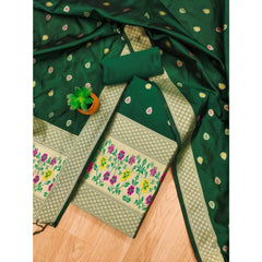 Mayawye Women's Banarasi Silk Printed Unstitched Salwar Suit Material With Dupatta (Bottle Green, 3Mtrs)