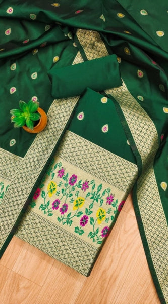 Mayawye Women's Banarasi Silk Printed Unstitched Salwar Suit Material With Dupatta (Bottle Green, 3Mtrs)