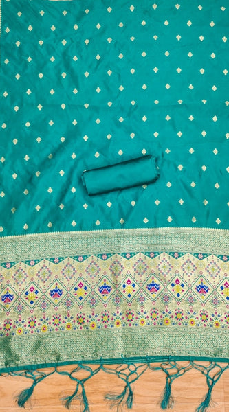 Mayawye Women's Banarasi Silk Printed Unstitched Salwar Suit Material With Dupatta (Rama, 3Mtrs)