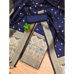 Mayawye Women's Banarasi Silk Printed Unstitched Salwar Suit Material With Dupatta (Navy Blue, 3Mtrs)