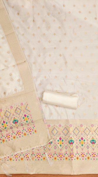 Mayawye Women's Banarasi Silk Printed Unstitched Salwar Suit Material With Dupatta (White, 3Mtrs)