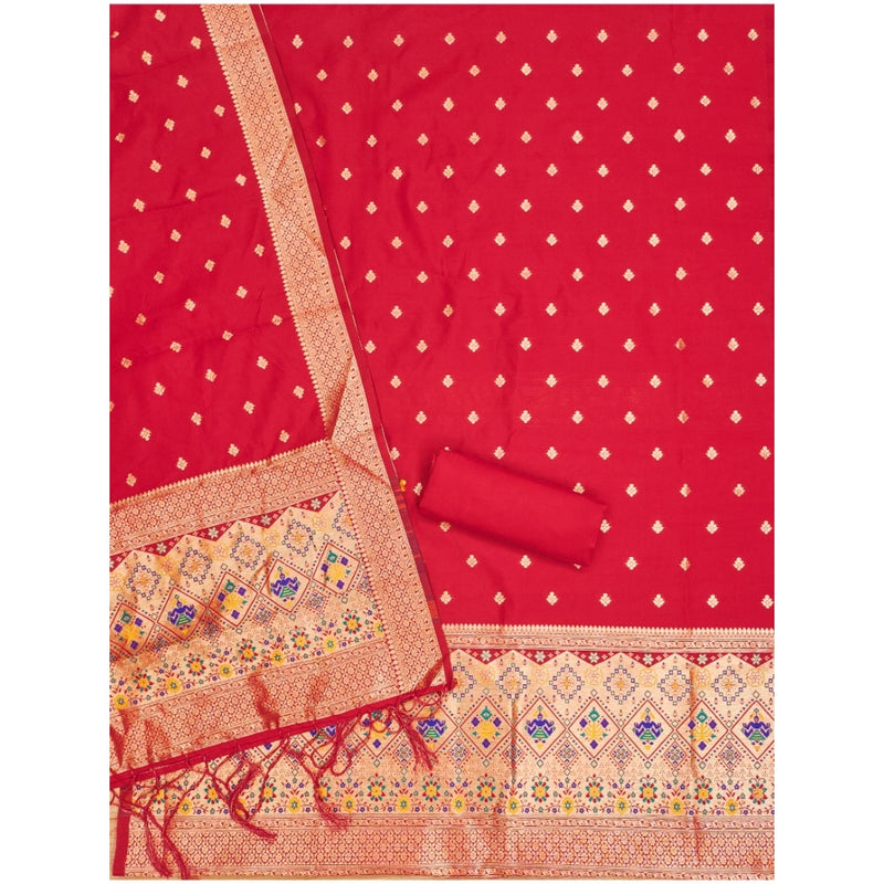 Mayawye Women's Banarasi Silk Printed Unstitched Salwar Suit Material With Dupatta (Red, 3Mtrs)