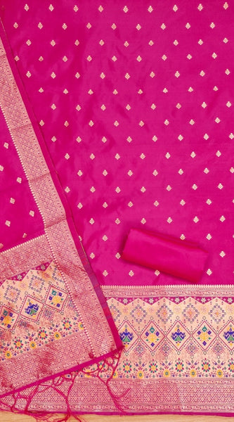 Mayawye Women's Banarasi Silk Printed Unstitched Salwar Suit Material With Dupatta (Pink, 3Mtrs)