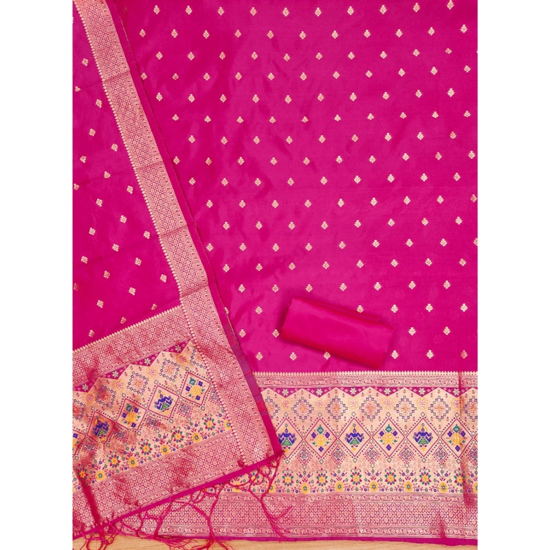 Mayawye Women's Banarasi Silk Printed Unstitched Salwar Suit Material With Dupatta (Pink, 3Mtrs)