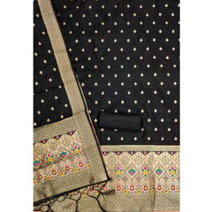 Mayawye Women's Banarasi Silk Printed Unstitched Salwar Suit Material With Dupatta (Black, 3Mtrs)