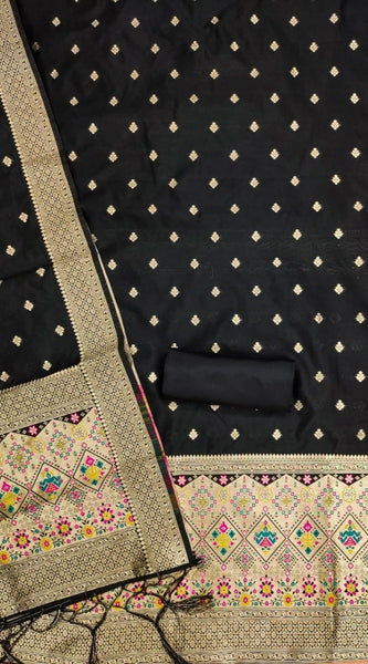 Mayawye Women's Banarasi Silk Printed Unstitched Salwar Suit Material With Dupatta (Black, 3Mtrs)