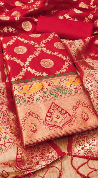 Mayawye Women's Banarasi Silk Printed Unstitched Salwar Suit Material With Dupatta (Red, 3Mtrs)