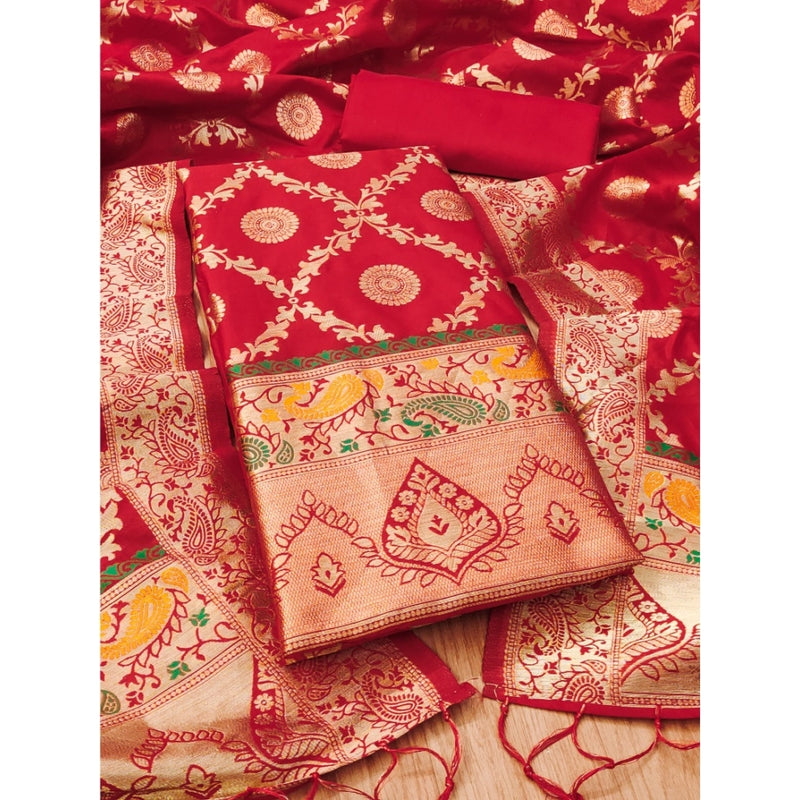 Mayawye Women's Banarasi Silk Printed Unstitched Salwar Suit Material With Dupatta (Red, 3Mtrs)