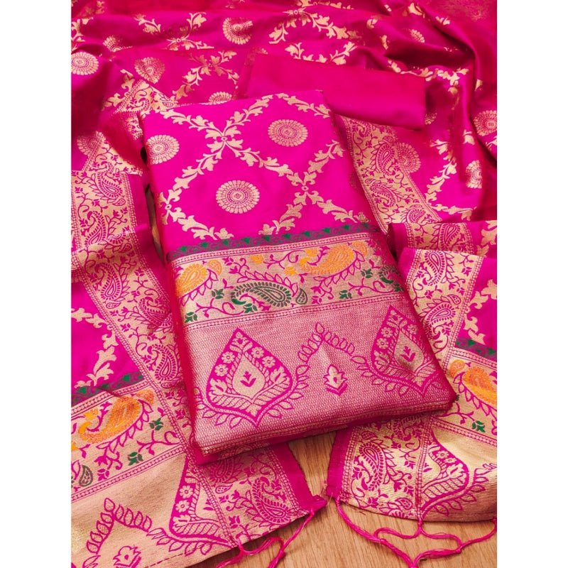 Mayawye Women's Banarasi Silk Printed Unstitched Salwar Suit Material With Dupatta (Pink, 3Mtrs)