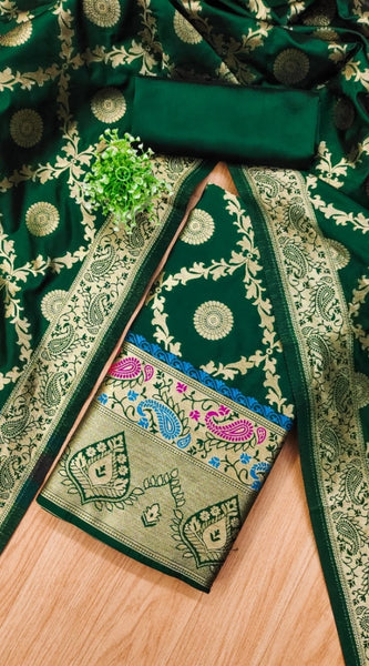 Mayawye Women's Banarasi Silk Printed Unstitched Salwar Suit Material With Dupatta (Bottle Green, 3Mtrs)