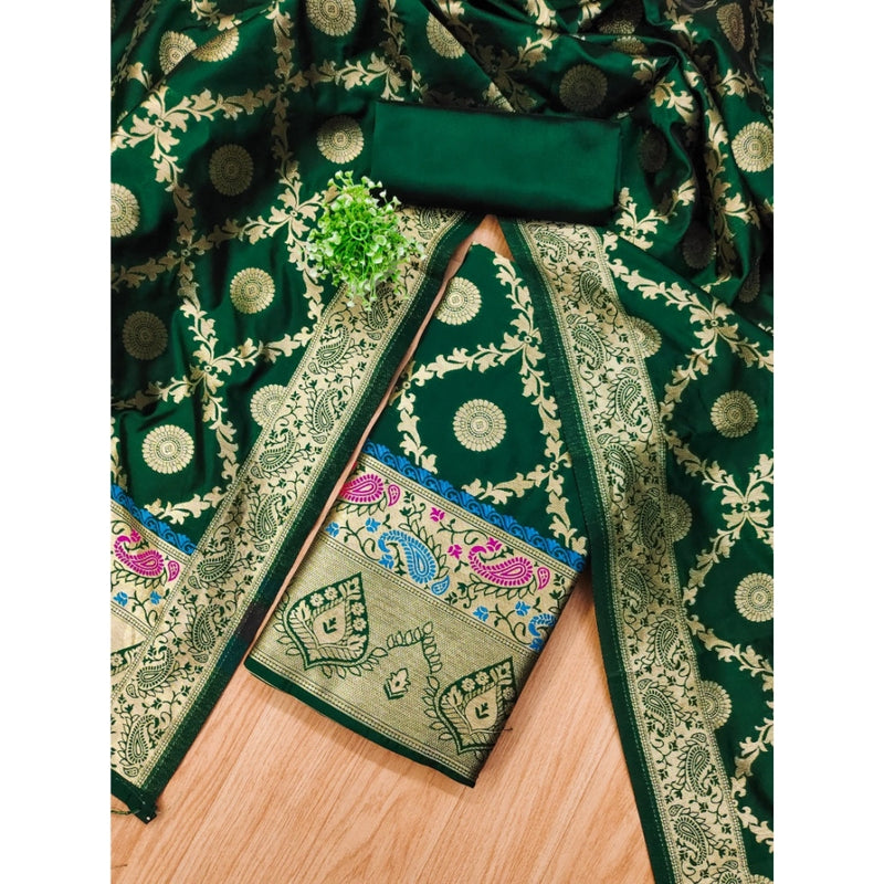 Mayawye Women's Banarasi Silk Printed Unstitched Salwar Suit Material With Dupatta (Bottle Green, 3Mtrs)