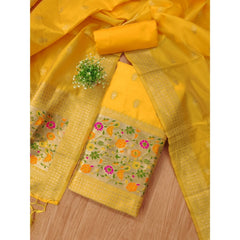 Mayawye Women's Banarasi Silk Printed Unstitched Salwar Suit Material With Dupatta (Yellow, 3Mtrs)