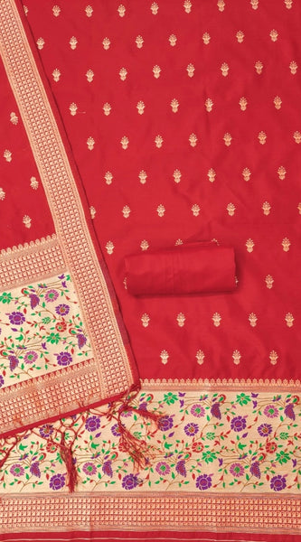 Mayawye Women's Banarasi Silk Printed Unstitched Salwar Suit Material With Dupatta (Red, 3Mtrs)