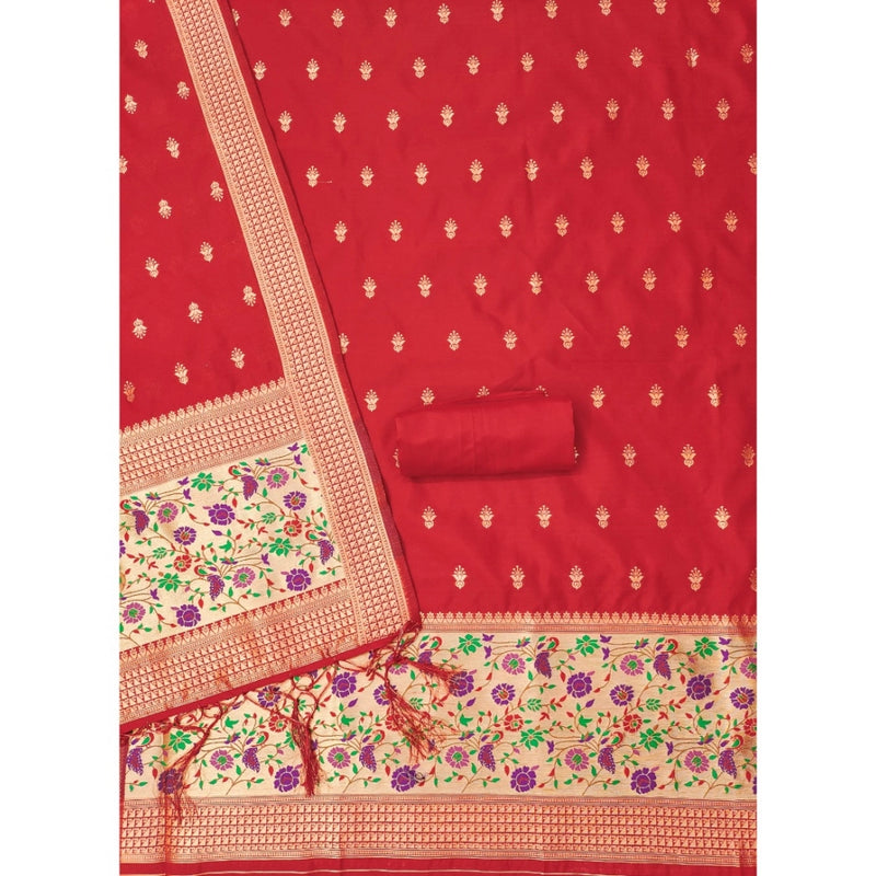 Mayawye Women's Banarasi Silk Printed Unstitched Salwar Suit Material With Dupatta (Red, 3Mtrs)