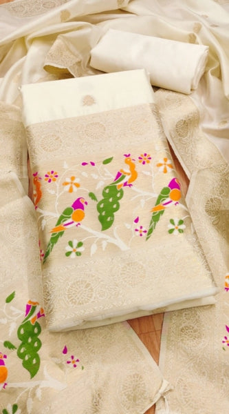 Mayawye Women's Banarasi Silk Printed Unstitched Salwar Suit Material With Dupatta (White, 3Mtrs)