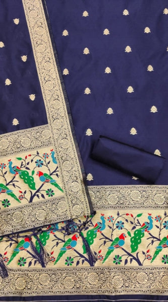 Mayawye Women's Banarasi Silk Printed Unstitched Salwar Suit Material With Dupatta (Navy Blue, 3Mtrs)