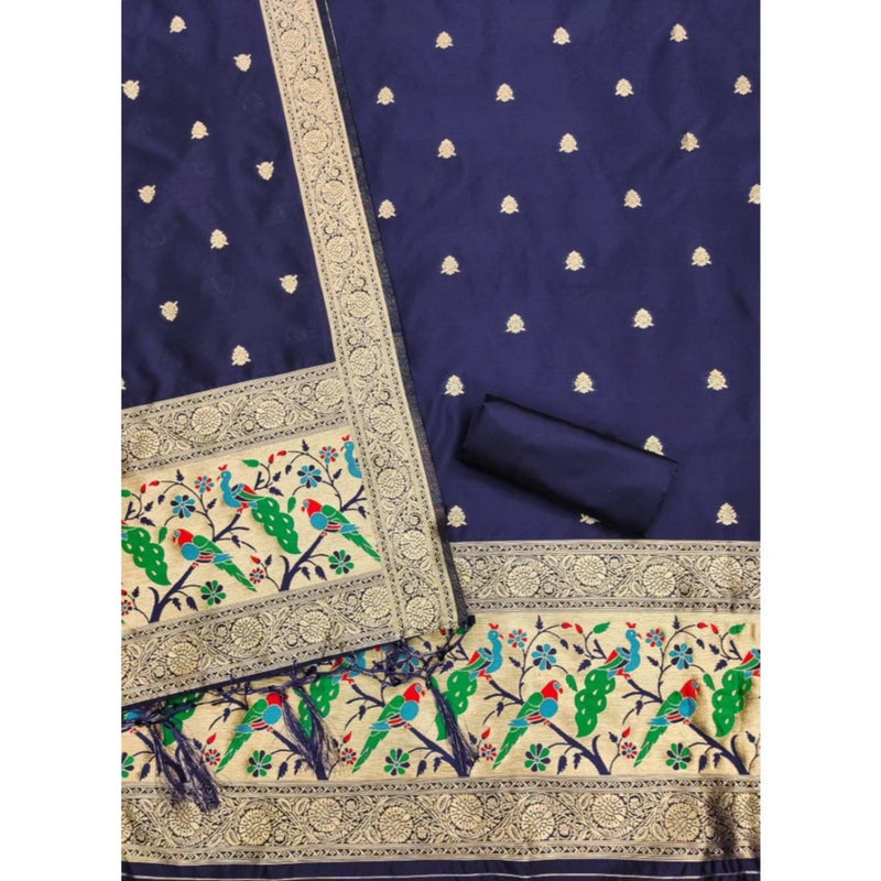 Mayawye Women's Banarasi Silk Printed Unstitched Salwar Suit Material With Dupatta (Navy Blue, 3Mtrs)