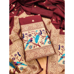 Mayawye Women's Banarasi Silk Printed Unstitched Salwar Suit Material With Dupatta (Maroon, 3Mtrs)