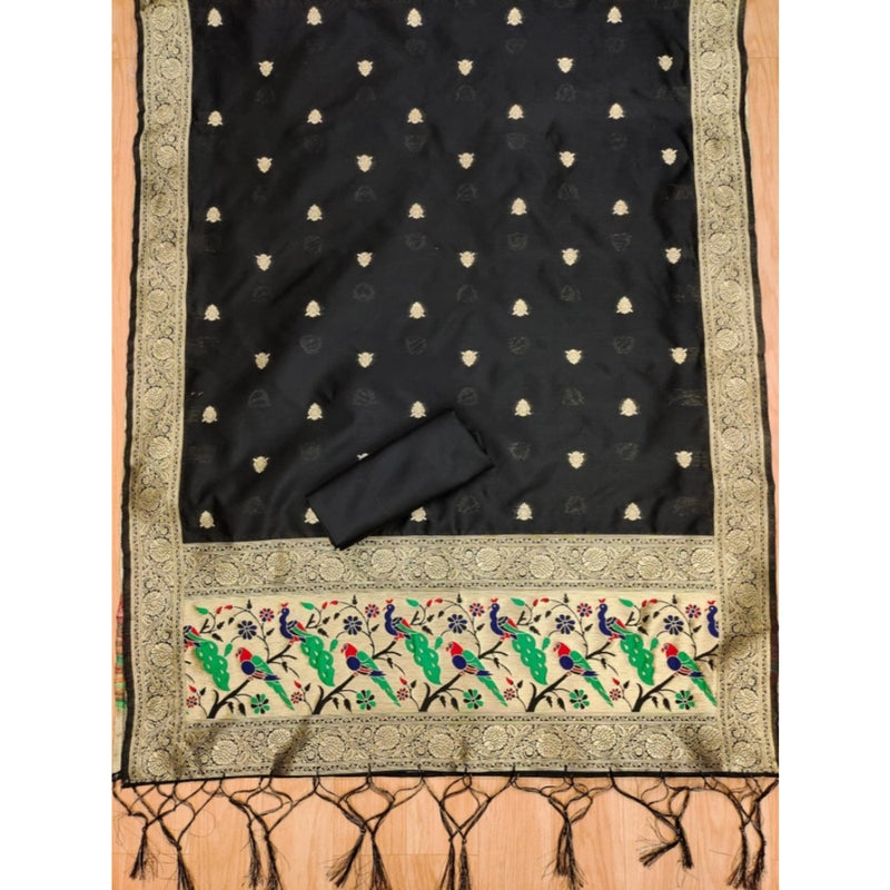 Mayawye Women's Banarasi Silk Printed Unstitched Salwar Suit Material With Dupatta (Black, 3Mtrs)