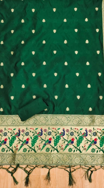 Mayawye Women's Banarasi Silk Printed Unstitched Salwar Suit Material With Dupatta (Bottle Green, 3Mtrs)