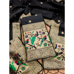 Mayawye Women's Banarasi Silk Printed Unstitched Salwar Suit Material With Dupatta (Black, 3Mtrs)